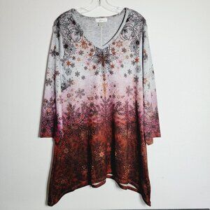 CJ Banks Tunic‎ Top Plus Size 1X Snowflake Print Long Sleeve Soft Knit Stretch
